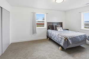 Bedroom featuring carpet floors and a closet