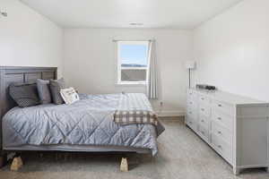 Bedroom featuring light colored carpet and baseboards