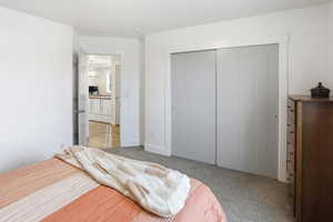 Bedroom featuring light carpet and a closet