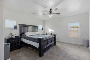Carpeted bedroom featuring multiple windows, a ceiling fan, and a textured ceiling