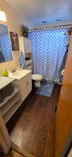Full bathroom with vanity, dark wood-style flooring, and curtained shower