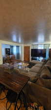 Living room featuring wood finished floors and a textured ceiling