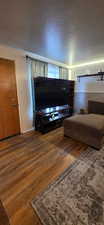 Living area featuring dark wood-type flooring and a textured ceiling