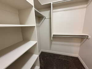 Walk in closet with dark colored carpet