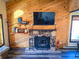 Detailed view of wooden walls, wood finished floors, a fireplace, and baseboard heating