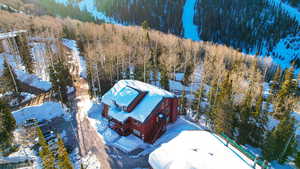 Snowy aerial view with a wooded view