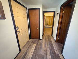 Hallway with dark wood-style flooring