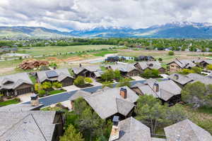 Aerial view of residential area with mountains