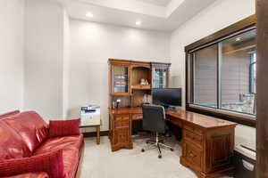 Office with recessed lighting and light colored carpet