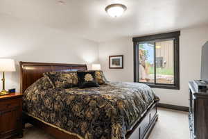 Bedroom with light carpet