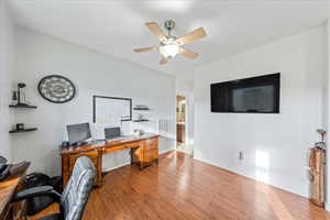 Office space featuring wood finished floors and ceiling fan