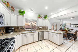 Kitchen with white cabinetry, decorative backsplash, pendant lighting, stainless steel appliances, and recessed lighting