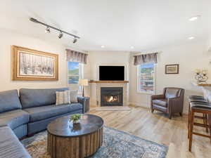 Living room featuring light wood-type flooring, a fireplace, and rail lighting