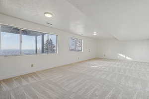 Spare room with a textured ceiling and light colored carpet