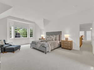 Carpeted bedroom with vaulted ceiling and baseboards
