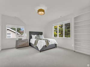 Carpeted bedroom featuring vaulted ceiling and multiple windows