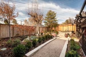 Fenced backyard with a patio area