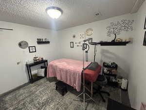 Bedroom with a textured ceiling and carpet