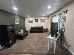 Carpeted living area featuring recessed lighting and a textured ceiling