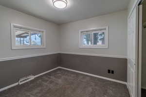 Empty room with plenty of natural light and dark carpet