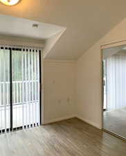 Additional living space with a textured ceiling, light wood finished floors, healthy amount of natural light, and lofted ceiling