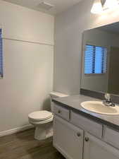 Bathroom featuring vanity and dark wood-type flooring