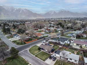 Aerial perspective of suburban area featuring mountains