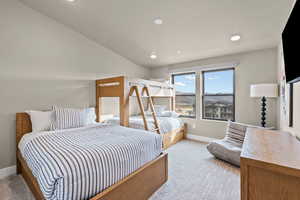 Bedroom with recessed lighting and carpet floors