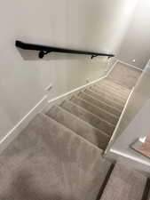 Stairway with carpet floors and baseboards