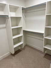 Walk in closet featuring light colored carpet