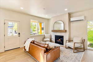 Living area featuring a fireplace, healthy amount of natural light, light wood-type flooring, and recessed lighting