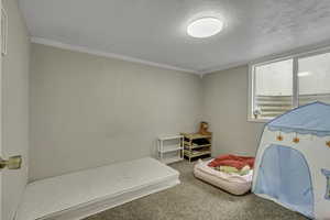 Bedroom with carpet floors and a textured ceiling