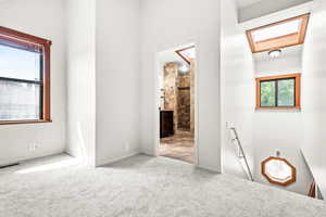Bedroom featuring a skylight, carpet floors, and ensuite bathroom