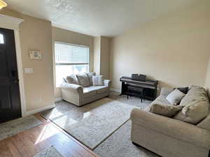 Living area with wood finished floors and a textured ceiling