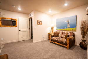 Living area with carpet and baseboards