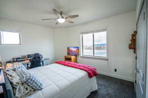 Bedroom featuring carpet flooring, multiple windows, and ceiling fan