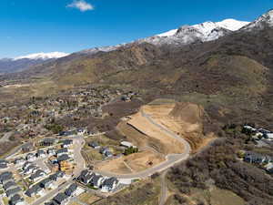 Aerial overview of property's location with a mountain backdrop