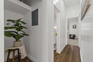 Hall featuring electric panel and dark wood-style flooring