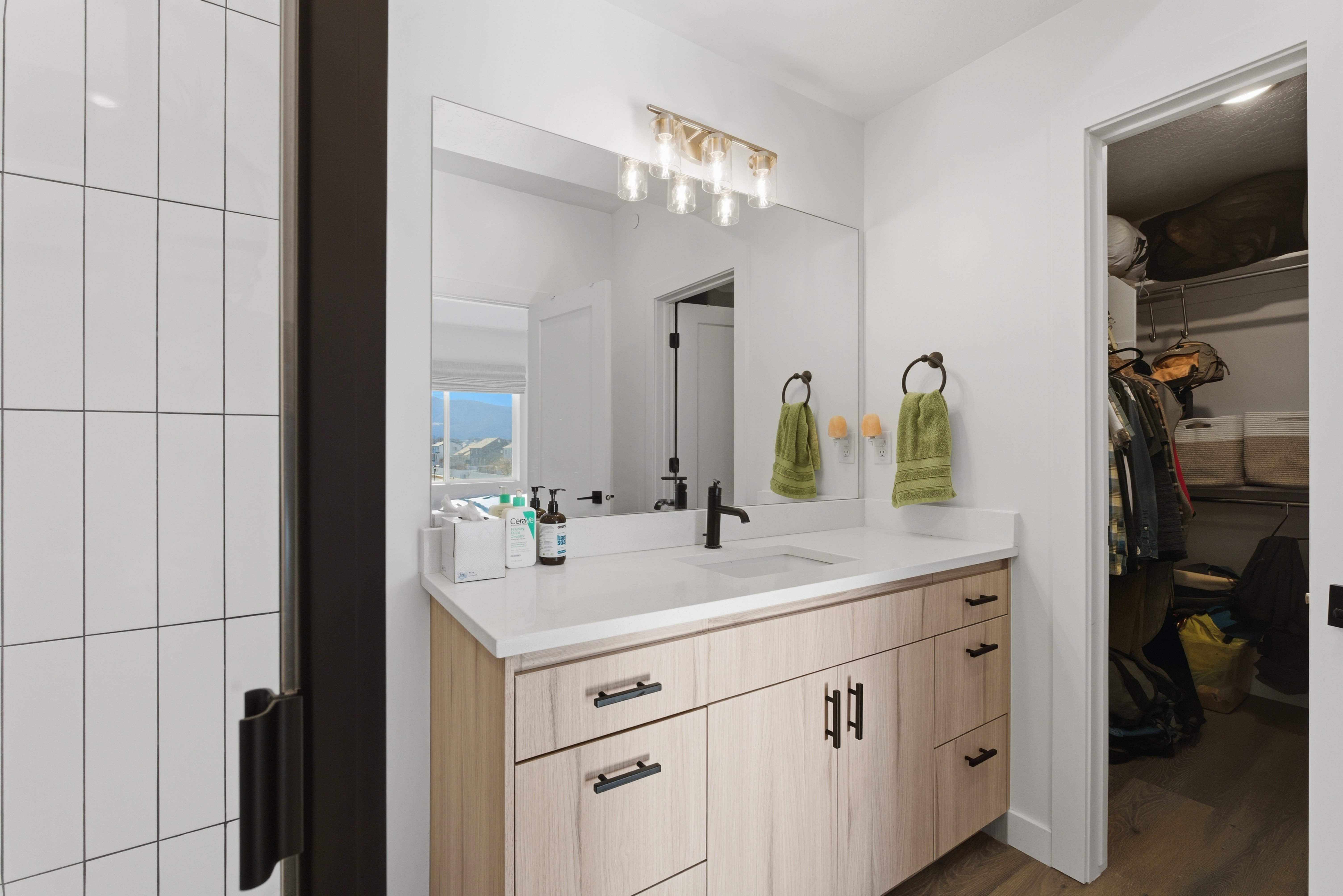 Bathroom featuring vanity, a walk in closet, and dark wood-style flooring