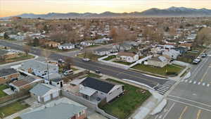 Aerial view at dusk of a residential view and a mountain view