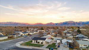 Aerial perspective of suburban area with mountains