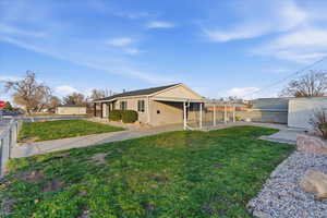 View of yard featuring an attached carport and a patio area
