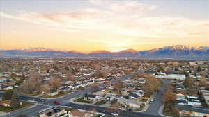 Aerial view of residential area with mountains