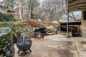 Fenced backyard with a fire pit, a patio, and a grill