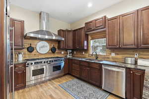 Kitchen with dark stone counters, high quality appliances, wall chimney range hood, tasteful backsplash, and dark brown cabinetry