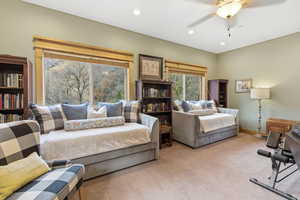 Bedroom with ceiling fan, carpet floors, and recessed lighting