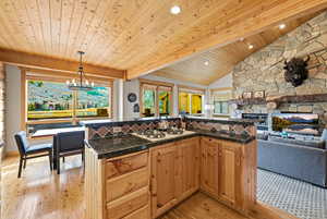 Kitchen with a kitchen island with sink, wooden ceiling, pendant lighting, light wood-type flooring, and open floor plan
