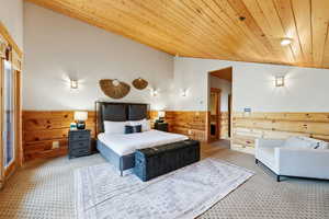 Bedroom with wooden walls, wood ceiling, wainscoting, and carpet