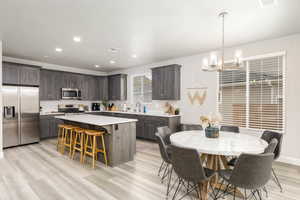 Kitchen featuring stainless steel appliances, a breakfast bar, light wood-type flooring, hanging light fixtures, and a kitchen island