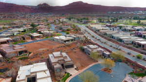 Aerial view of residential area with mountains